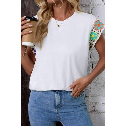 White Floral Crochet Sleeve Crew Neck Top