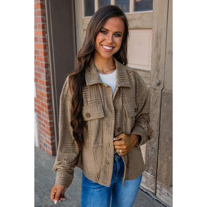 Dark Khaki Textured Chest Pocket Button-up Shacket