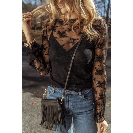 Black Lace Mesh Crochet Splicing Slim Fit Long Sleeve Blouse