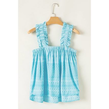 Sky Blue Tribal Pattern Print Ruffled Wide Straps Loose Tank Top