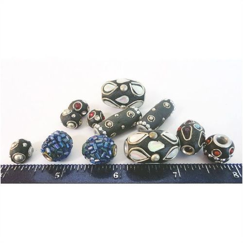 BEADS #ILM006a lot of 12 mixed ornate Indian lacquer metal