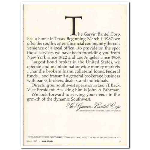 garvin bantel corp 1967 houston stock exchange bond broker vintage ad