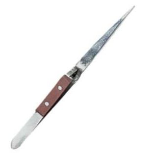 6 ½" Stainless Steel Cross Lock Tweezers w/Wooden Grip - Straight Tip