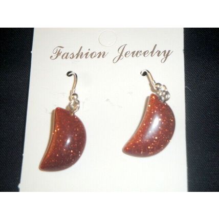 Sparkly red goldstone half moon style 925 sterling silver hook earrings