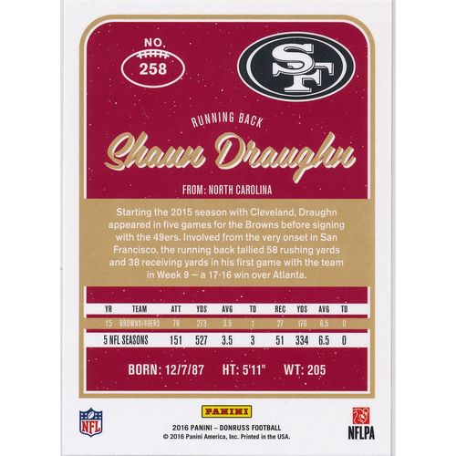 2016 Donruss Football 258 Shaun Draughn San Francisco 49ers