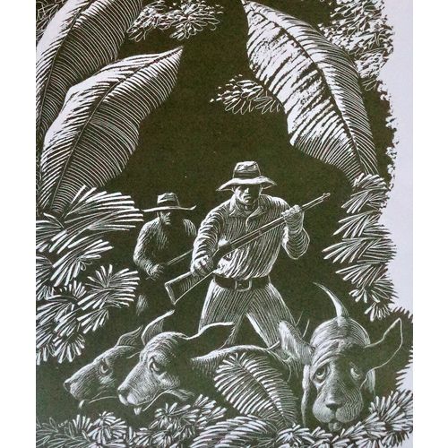 Vintage Everett Woodcut Hunting Dogs Jungle Animals Print Children Decor Art