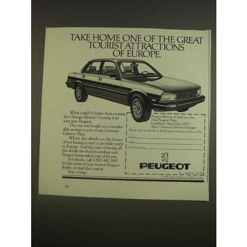 1985 Peugeot Car Ad - Take home one of the great tourist attractions of Europe