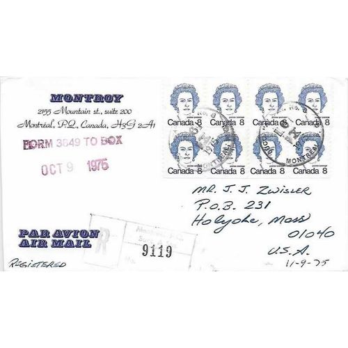 Canada Coil Strip of 4 x 2 1975 REGISTERED Montreal Station #8 Quebec to USA