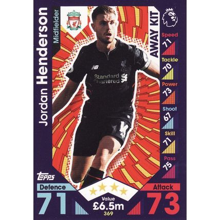 Match Attax 2016/2017 369 Jordan Henderson Away Kit Liverpool