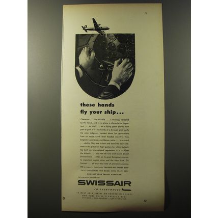1953 Swissair Airlines Ad - These hands fly your ship