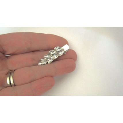 2 small silver metal crystal leaves alligator hair pin clip barrettes fine thin