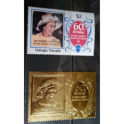 TUVALU VAITUPU 1987 40TH WEDDING RUBY GOLD FOIL 22K STAMP $2 & NORMAL STAMP