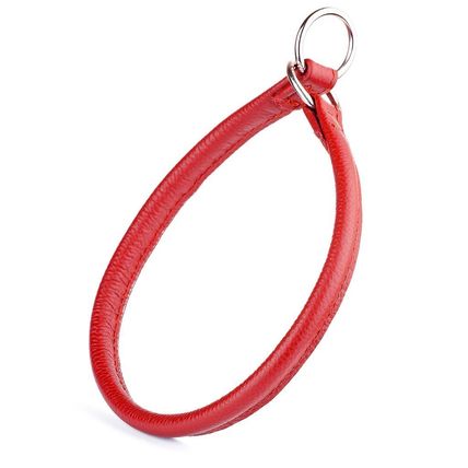 Dog Pet Round Leather Choke Collar W3/8" - L20", Red