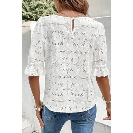 White Flower Eyelet Jacquard Keyhole Flounce Sleeve Top