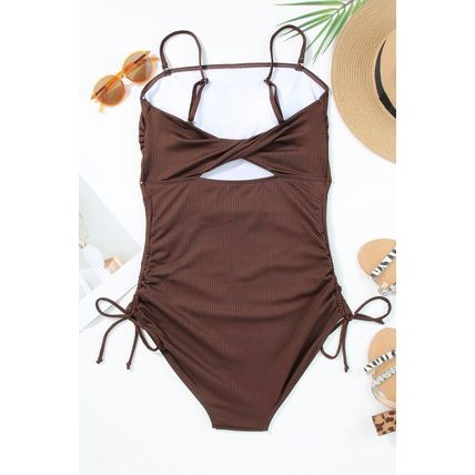 Coffee Ribbed Drawstring Sides Cutout One Piece Swimsuit