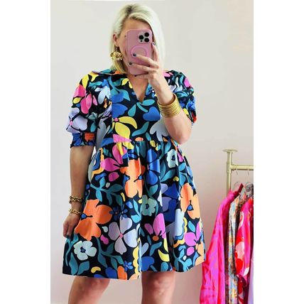Blue Split Neck Collared Plus Floral Dress