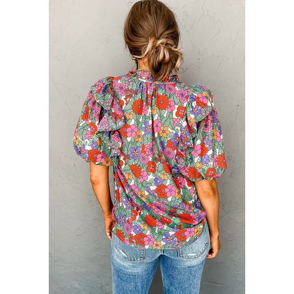Red Floral Tie Split Neck Ruffle Puff Sleeve Blouse