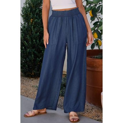 Sail Blue Side Pockets Frilled Smocked High Waist Wide Leg Jeans