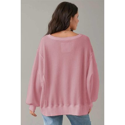 Pink Waffle Knit Bishop Sleeve Split Oversized Sweatshirt