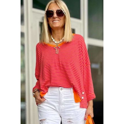 Tomato Red Two Tone Striped Side Buttons Drop Shoulder Top