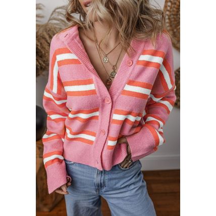 Pink Stripe Drop Shoulder Buttons Cardigan Sweater