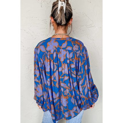 Blue Floral Print Batwing Sleeve Buttoned Loose Fit Shirt