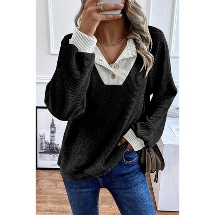 Black Color Contrast Ribbed Loose Fit Long Sleeve Top