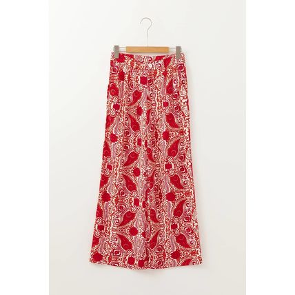Red Paisley Printed Buttoned High Waist Straight Leg Pants