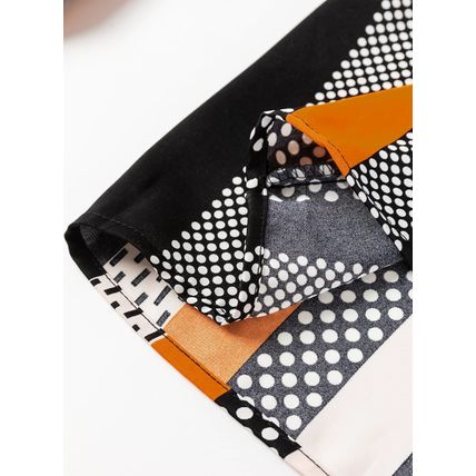 Orange Geo Print Colorblock Notched V Neck Blouse