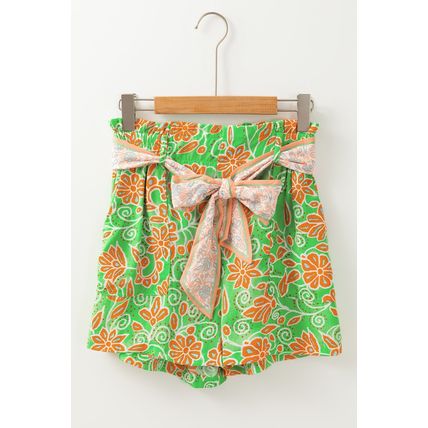 Green Floral Print Pocketed Front Knot High Waist Casual Shorts