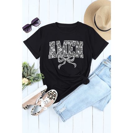 Black Floral AMEN Bow Printed T Shirt