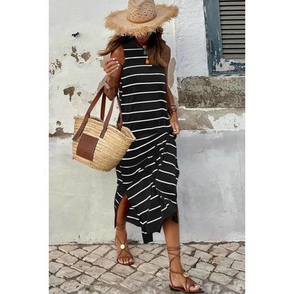 Black Stripe Print Open Back Sleeveless Maxi Dress with Slits