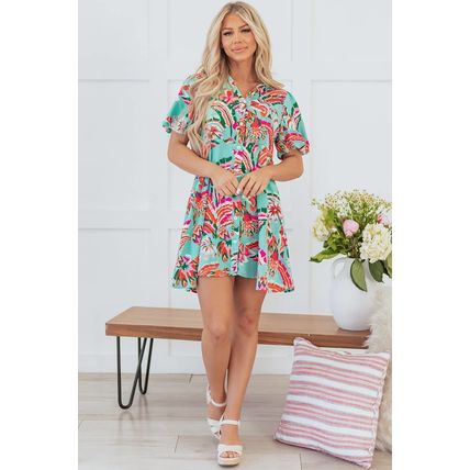Green Abstract Print Lace-up High Waist Buttoned Mini Dress
