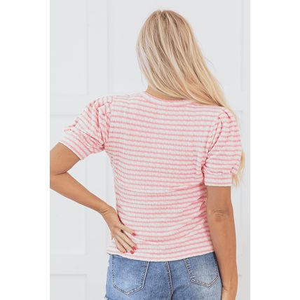Pink Stripe Textured Puff Sleeve Crewneck Top