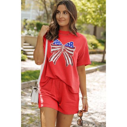 Orange Independence Day Sequin Bow Graphic Twist Rib Textured Short Set