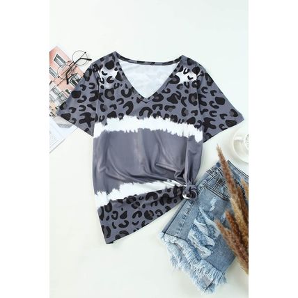 Gray Tie Dye Leopard Patchwork Short Sleeve Top
