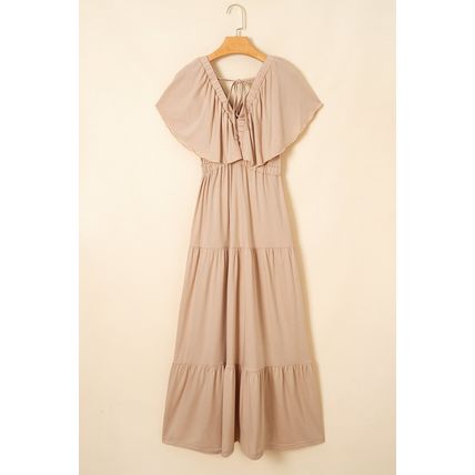 Parchment Textured V Neck Flutter Sleeve Ruffled Maxi Dress