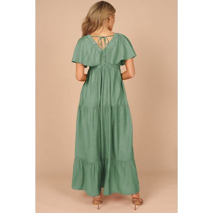 Grass Green Textured V Neck Flutter Sleeve Ruffled Maxi Dress