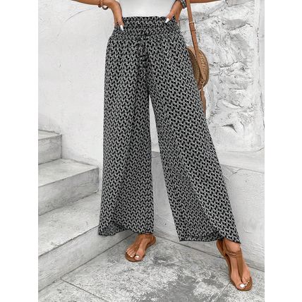 Black Bohemian Print Slit Wide Leg Smocked High Waist Pants