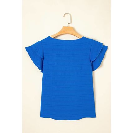 Dark Blue Textured Ruffled Sleeve Round Neck Top
