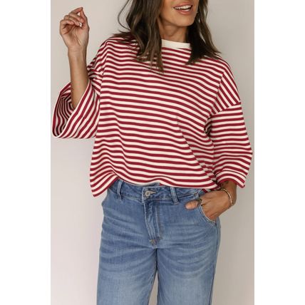 Red Stripe Bowknot Cutout Back Drop Shoulder Wide Bracelet Sleeve Loose Tee