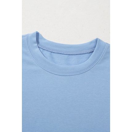 Beau Blue Eyelet Flower Embroidered Puff Short Sleeve Patchwork Crew Neck Blouse