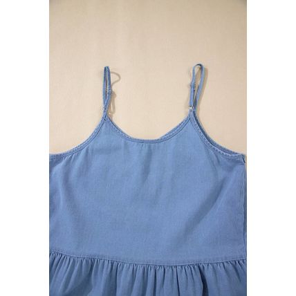 Sky Blue Casual Ruffled Spaghetti Straps Denim Tank Top
