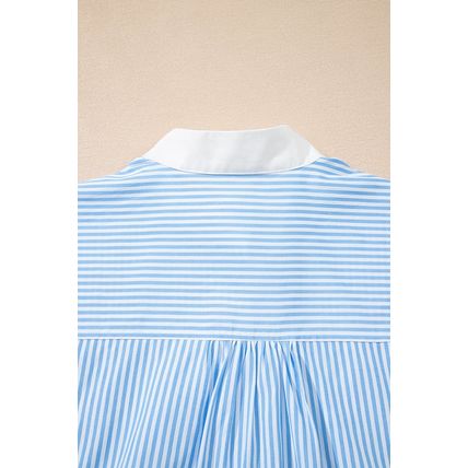 Sky Blue Stripe Contrast Collar Patchwork Hidden Button Short Sleeve Summer Shir
