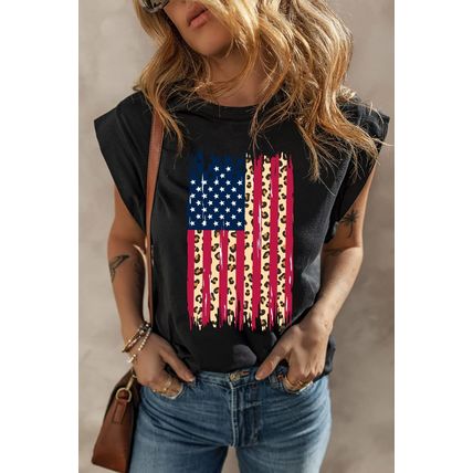 Black Leopard US Flag Printed Sleeveless Cotton Top