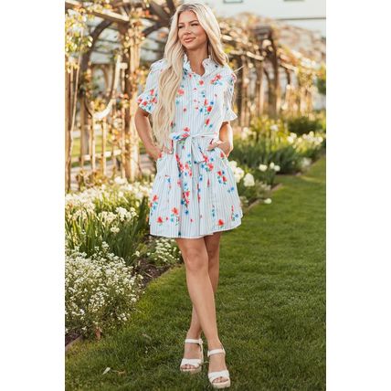 Sky Blue Stripe Floral Pattern Ruffle Short Sleeve Belted Mini Dress