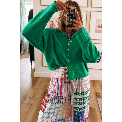 Bright Green Solid Color Knit Button Drop Shoulder Sweater Cardigan