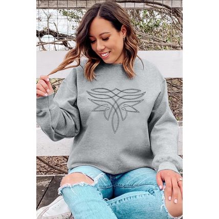 Gray Western Pattern Embroidered Drop Shoulder Pullover Top