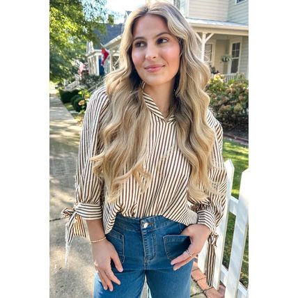 Straw Yellow Striped Print Tied Cuffs Split Neck Seersucker Blouse
