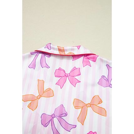 Pink Striped Bow Print Contrast Piping Trim Shirt and Pants 2pcs Pajama Set
